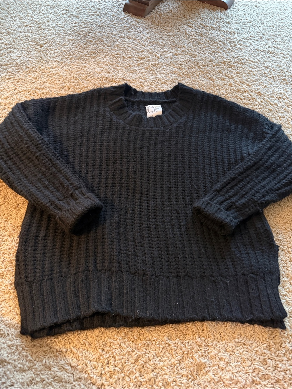 Relaxed Black Waffle Crewneck Sweater - Women